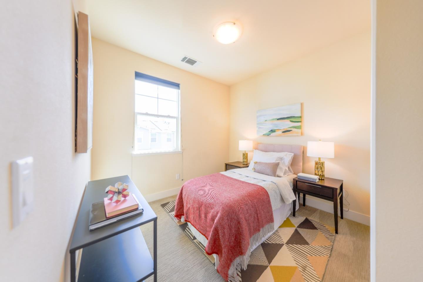 1095 Interlaken Terrace Sunnyvale, CA 94089 - Photo 17 of 25 a bedroom with a bed and a lamp with window