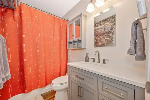 a bathroom with a sink a toilet and a mirror