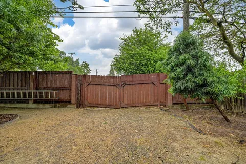 a view of a backyard with a large tree and wooden fence