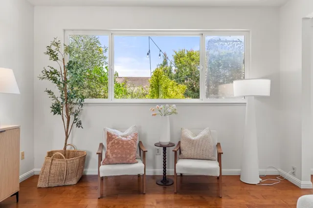 a living room with furniture and a potted plant