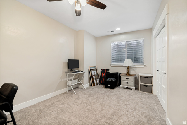 332 South 500 West Payson, UT 84651 - Photo 32 of 50 Carpeted room featuring a window with horizontal blinds, a ceiling fan with integrated lighting, recessed lighting, and a white paneled door