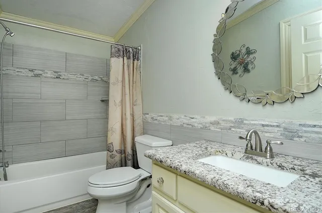 a bathroom with a granite countertop sink a toilet and shower