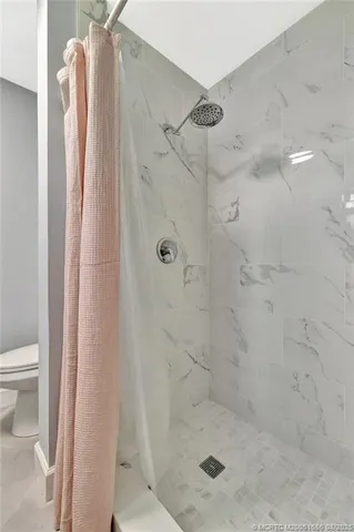 a bathroom with a shower and a toilet