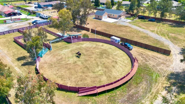a swimming pool with lawn chairs and large trees