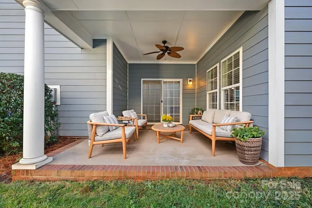 a view of a patio with couple of chairs and a potted plant
