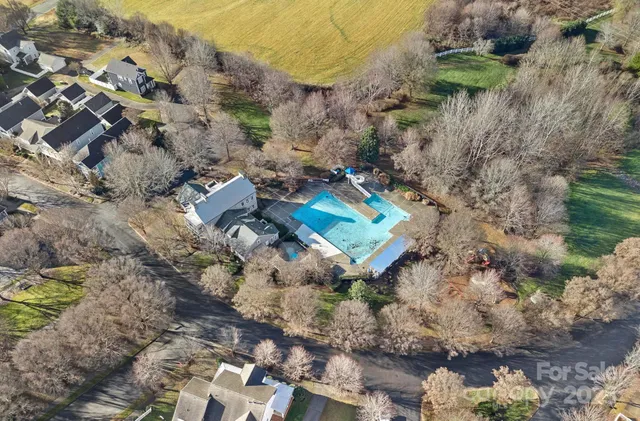 a aerial view of a backyard with plants and large trees
