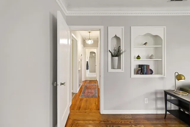 a room with wooden floor and a potted plant