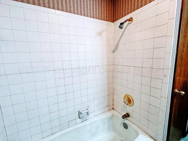 a bathroom with a bathtub and shower