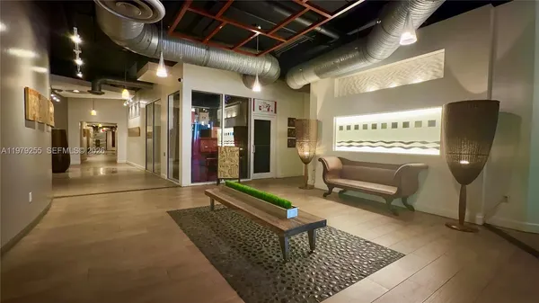 a lobby with furniture
