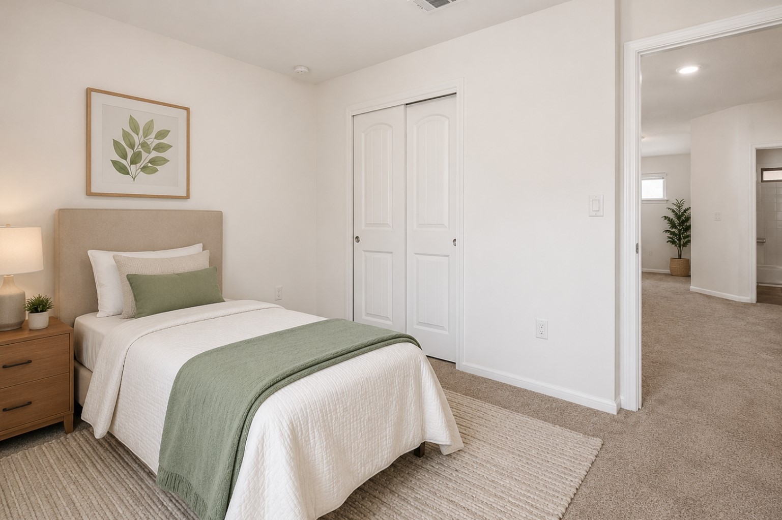 304 Santa Maria Street Georgetown, TX 78628 - Photo 23 of 37 A cozy bedroom features soft carpeting, a bi-fold closet, and a clear entryway to adjoining spaces. Virtually Staged.