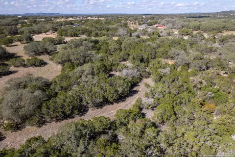 an aerial view of residential houses with outdoor space and trees
