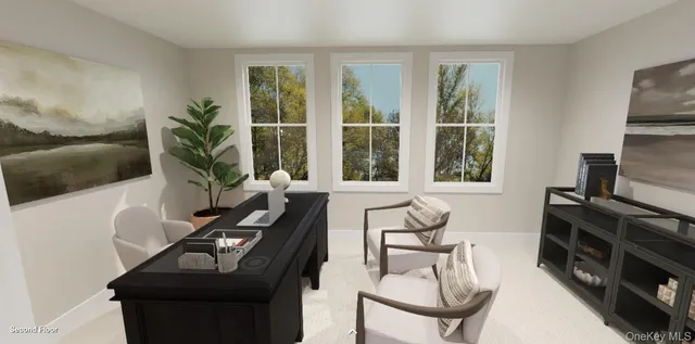 a living room with furniture a flat screen tv and a floor to ceiling window