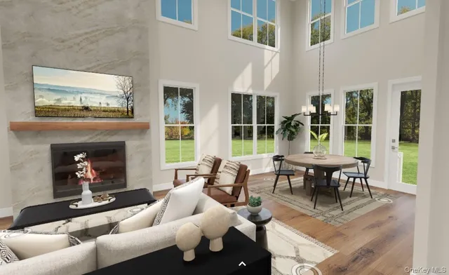 a living room with furniture dining table and a fireplace