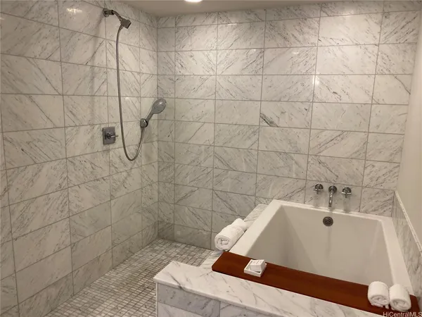 a bathroom with a bathtub