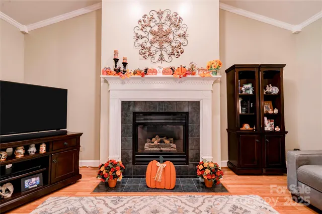 a living room with furniture a flat screen tv and a fireplace