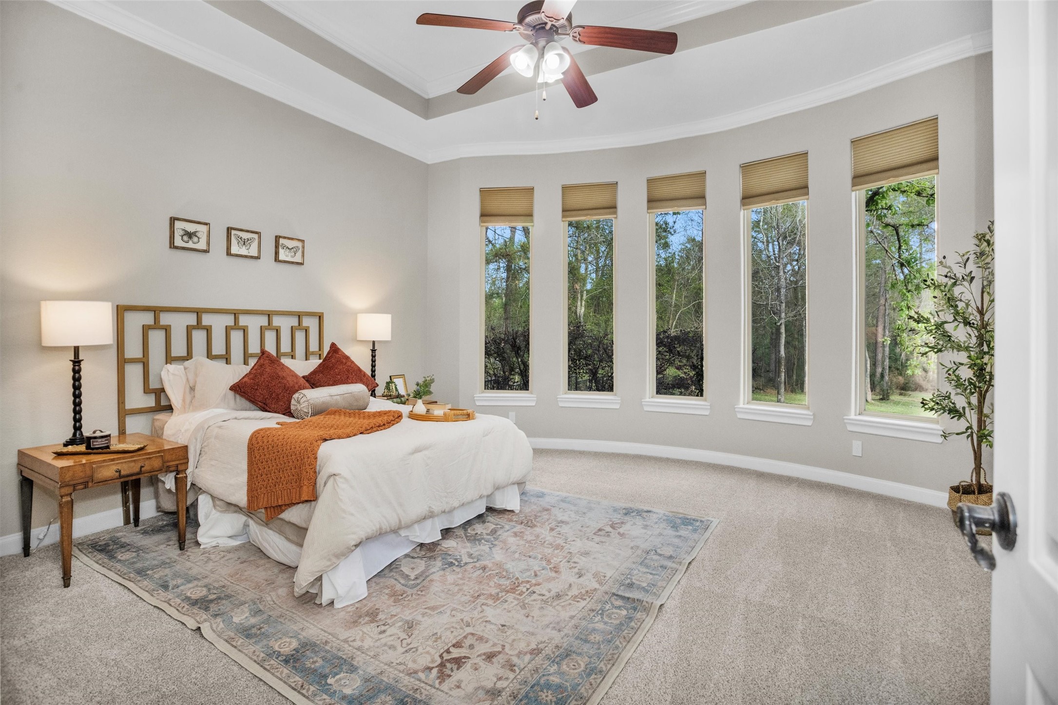 27910 Hansons Court Spring, TX 77386 - Photo 16 of 50 Primary bedroom overlooking the spacious backyard landscape with tray ceiling, crown molding, new carpet and pad, picture bay windows, fresh paint