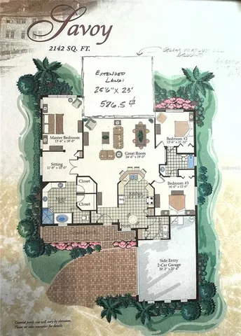 a view of a water fountain and a big yard