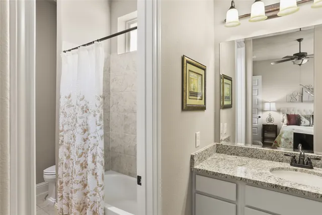 a bathroom with a granite countertop sink a shower and a mirror