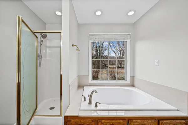 a bathroom with a bathtub and a shower
