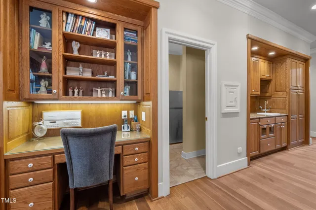 a workspace with a bookshelf