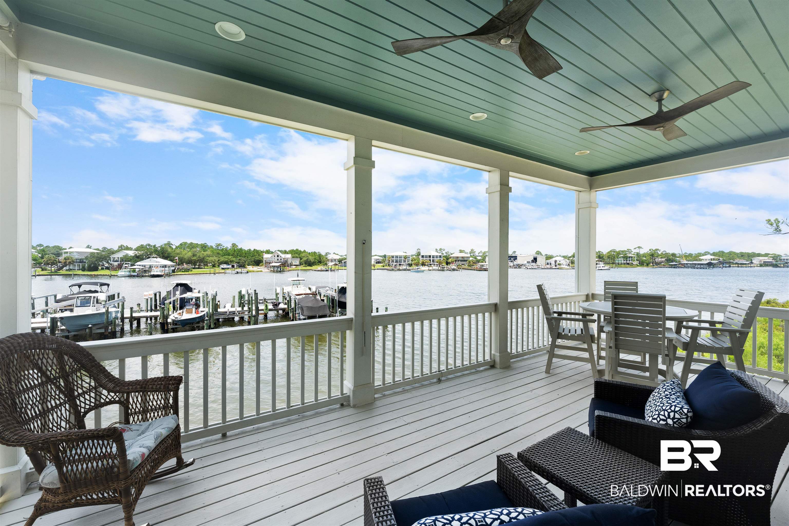 3434 Mariner Circle Orange Beach, AL 36561 - Photo 9 of 38 Deck with a dock, a water view, ceiling fan, and an outdoor hangout area