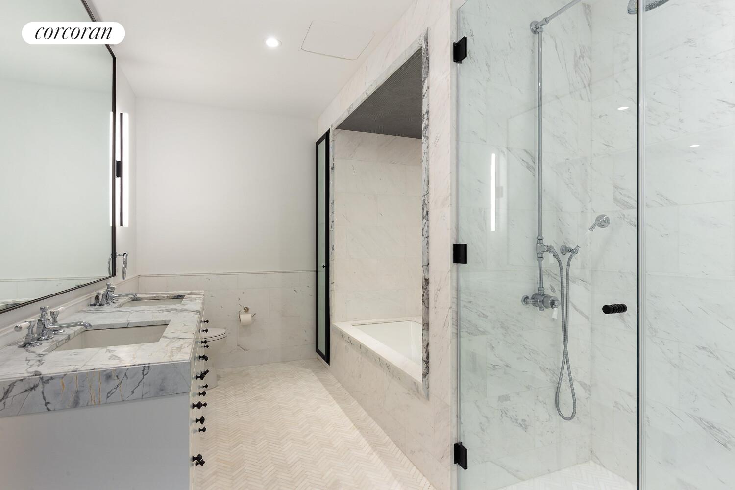 438 East 12th Street, Unit PHH Manhattan, NY 10009 - Photo 9 of 13 a bathroom with a granite countertop sink a shower and a mirror