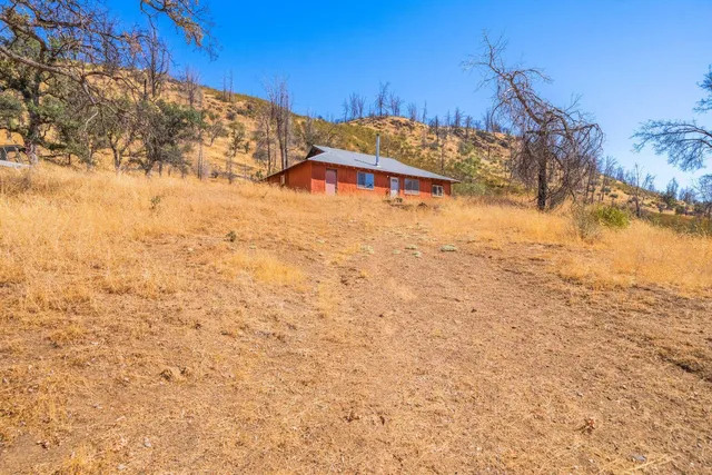 a view of a yard with a building in the background