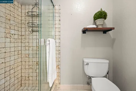 a bathroom with a toilet and a shower