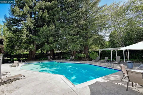 a view of a swimming pool and trees in the background