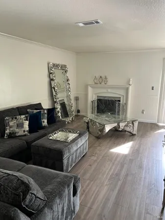 a living room with furniture and a fireplace
