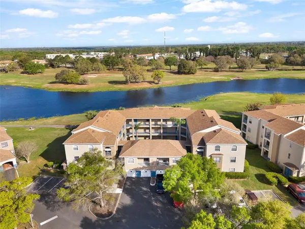 an aerial view of a building with outdoor space