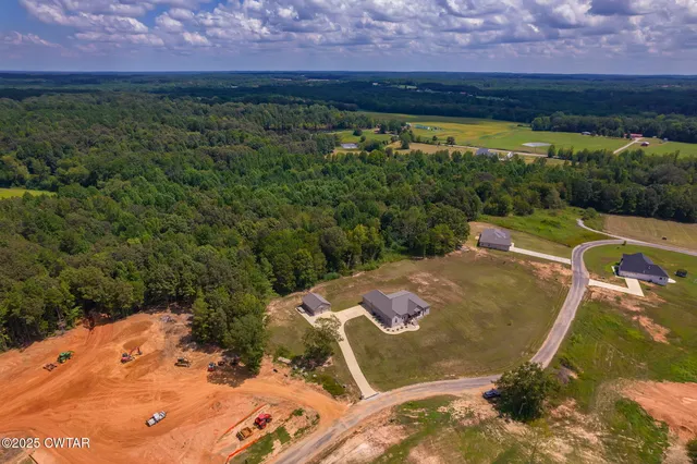 an aerial view of residential houses with outdoor space and city view