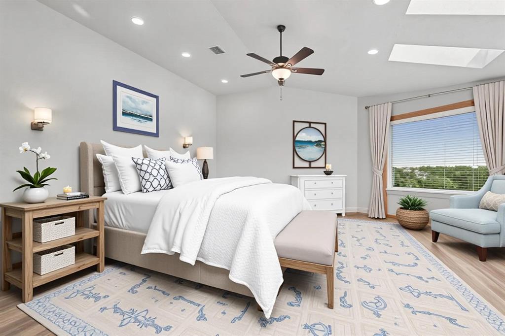 2085 Switzer Road Sanger, TX 76266 - Photo 13 of 39 Virtually staged - Vaulted ceiling bedroom featuring wood-finish flooring, recessed lighting, and a ceiling fan