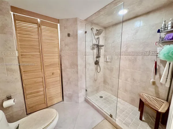 a bathroom with a shower and toilet