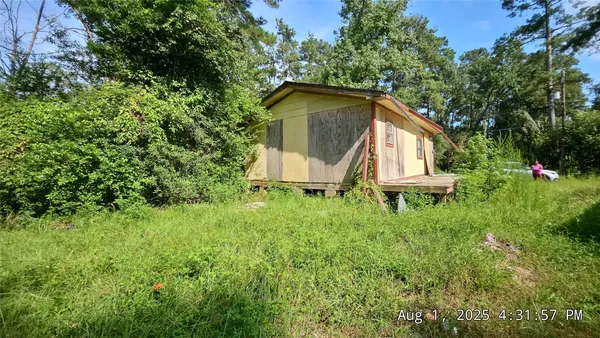 a white house with a small yard plants and large trees