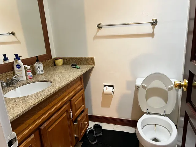 a bathroom with a granite countertop toilet sink and mirror