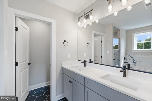 a bathroom with a double vanity sink a mirror and shower