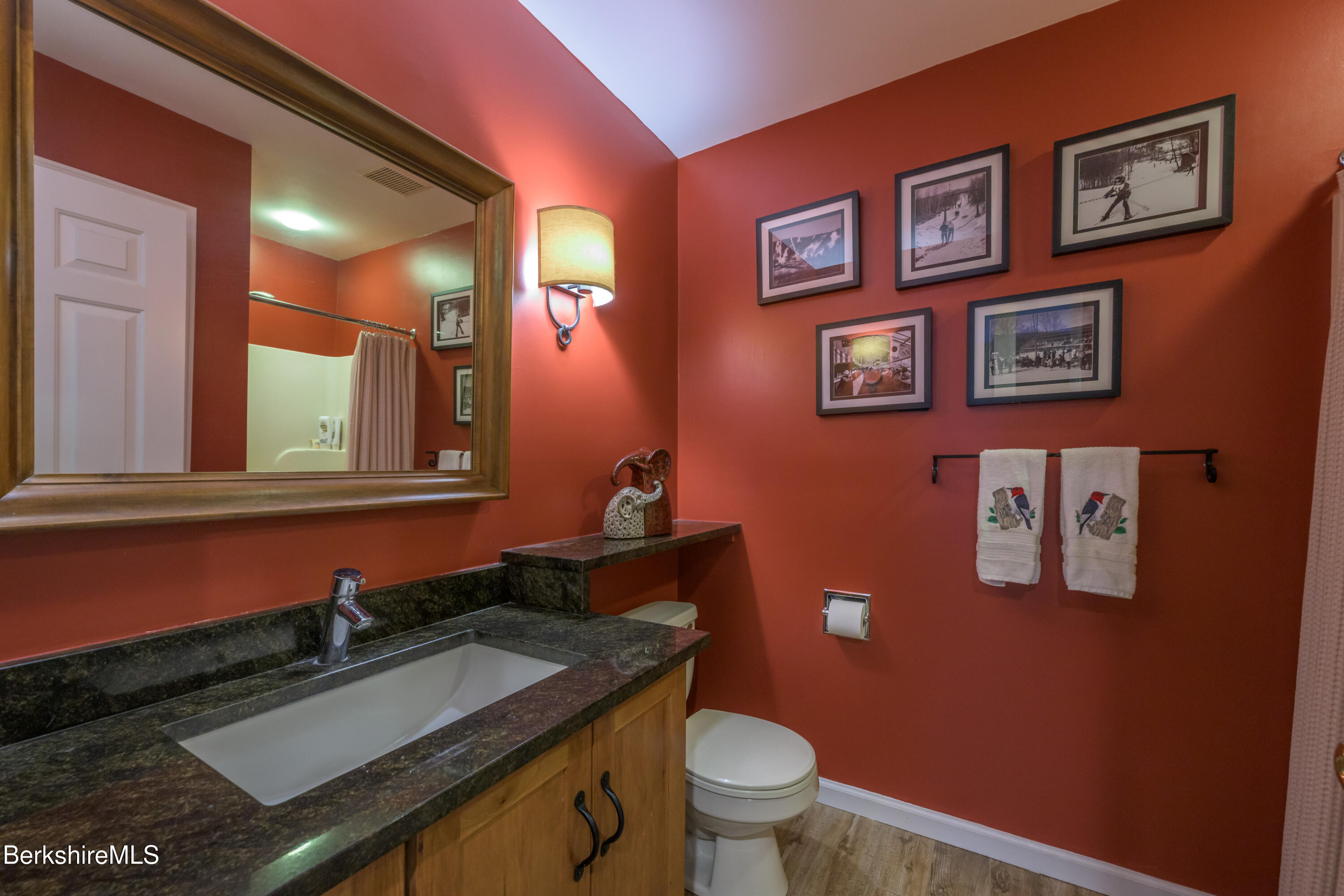 9341 Mountainside Drive Hancock, MA 01237 - Photo 22 of 43 a bathroom with a granite countertop toilet sink and mirror