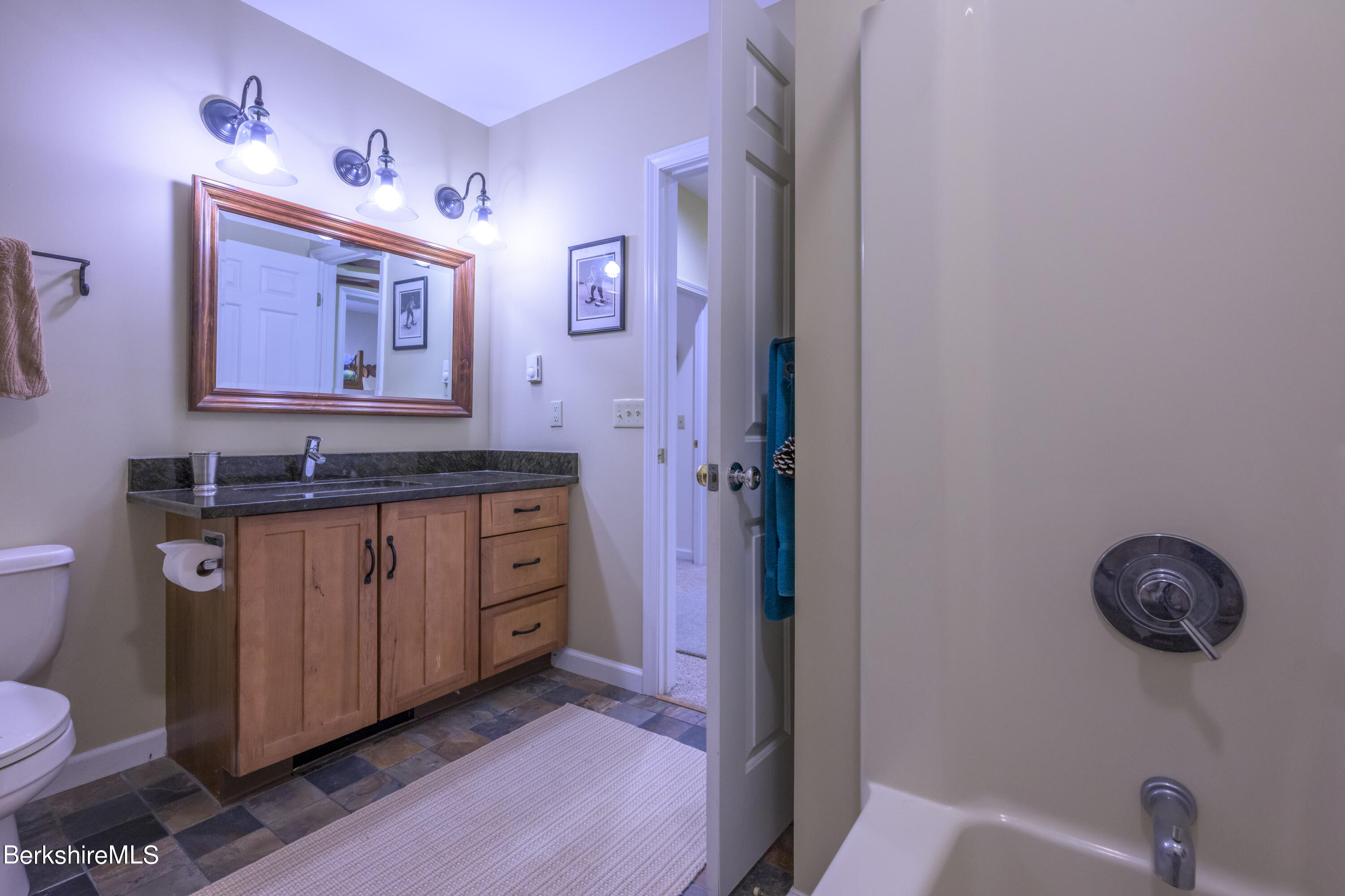 9341 Mountainside Drive Hancock, MA 01237 - Photo 33 of 43 a bathroom with a granite countertop sink a toilet and a mirror