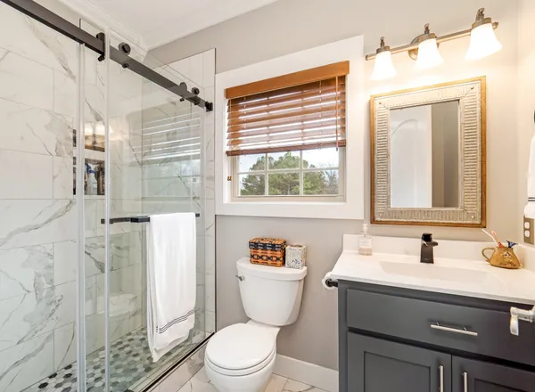 a bathroom with a sink a toilet a mirror and shower