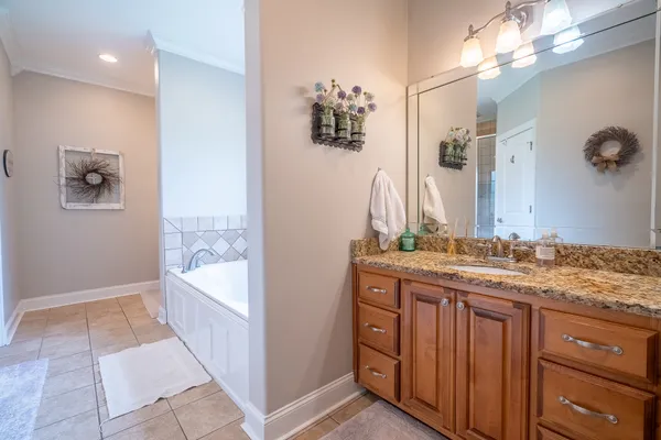 a bathroom with a tub sink and mirror