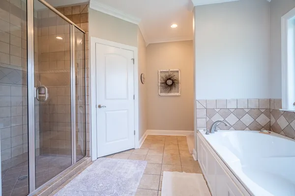a bathroom with a bathtub and shower