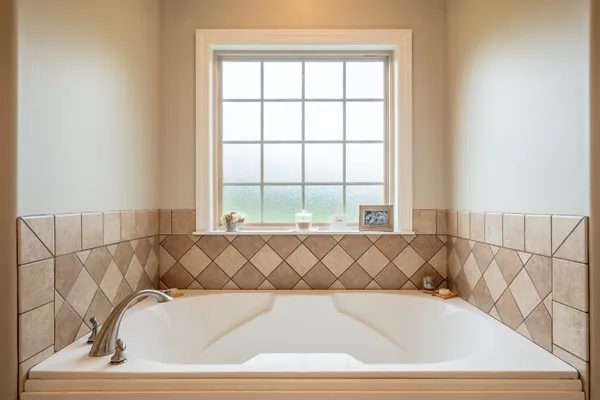 a bathroom with a bathtub