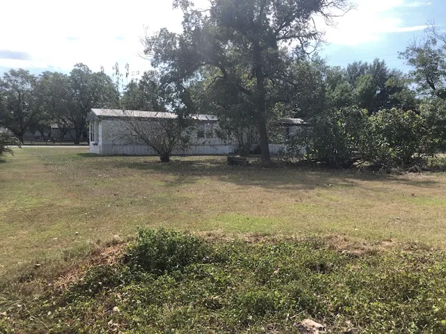 a view of a backyard with large trees