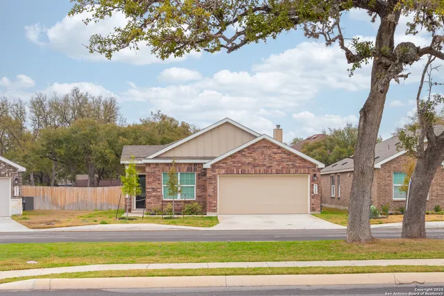 a view of a house with a big yard and large tree and plants