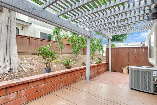 a view of a backyard with plants and large tree