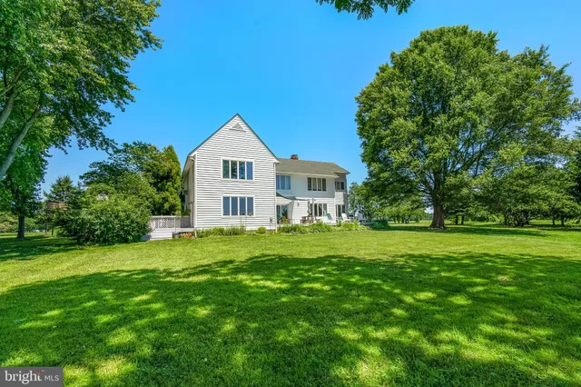 a view of a house with a big yard potted plants and large tree