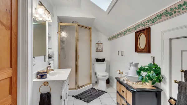 a bathroom with a sink a mirror a toilet and a shower