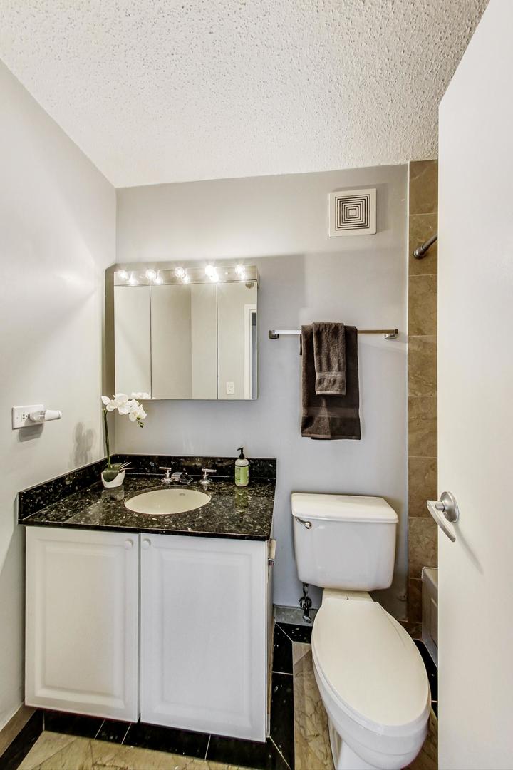111 West Maple Street, Unit 3005 Chicago, IL 60610 - Photo 12 of 18 a bathroom with a toilet sink and mirror