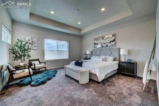 a spacious bedroom with a bed and a couch